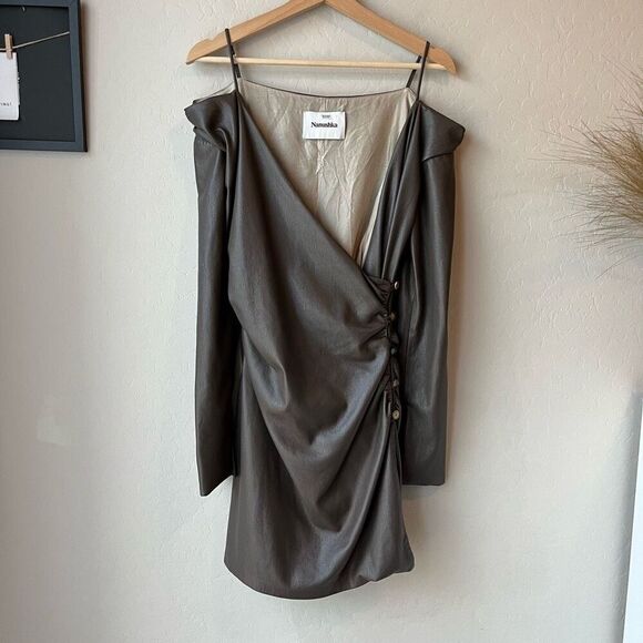 Nanushka Surplice Cold Shoulder Brown Faux‎ Leather Mini Dress Size Medium - Picture 2 of 11